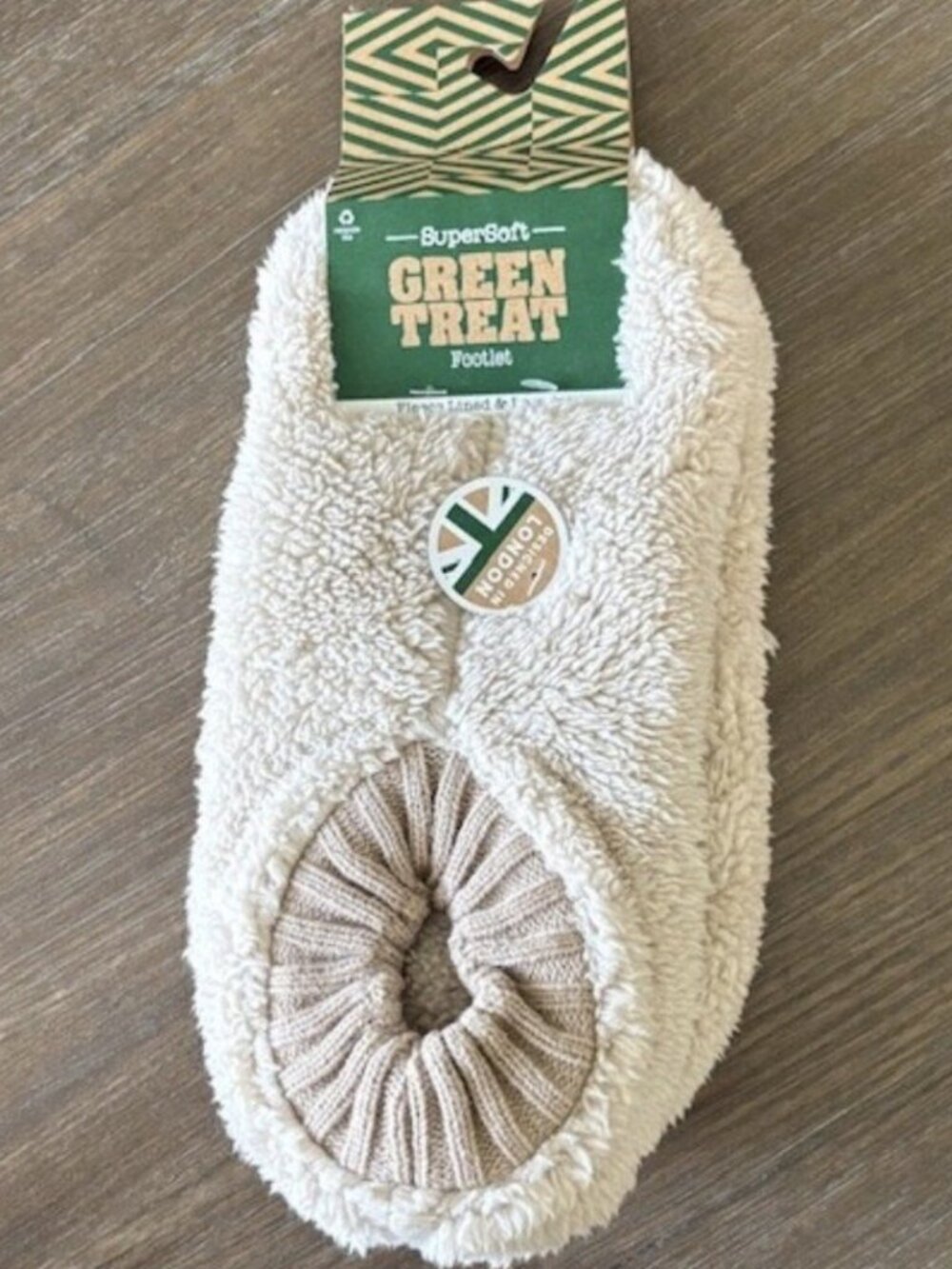 Green Treat Super Soft Footlet Slipper Sock Mens 8-12 Beige Fleece Lined Low